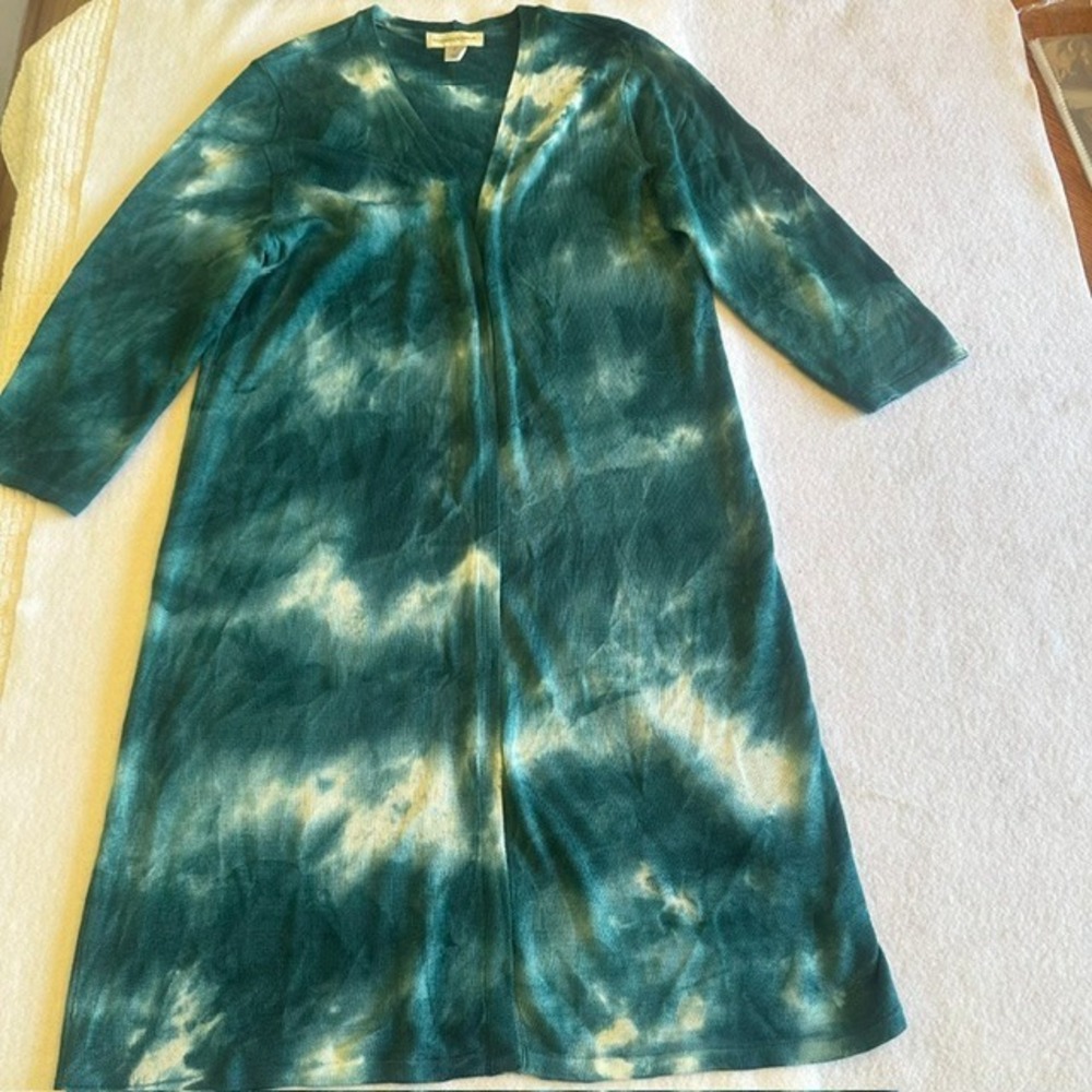 Christopher Banks Tie Dye Long Cardigan Womens M Teal Green Open Front V Neck